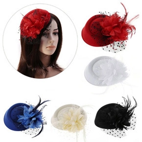 Chic feather fascinator hats in five colors including red, white, blue, beige, and black