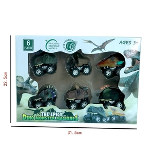 6-pack of dinosaur monster truck toys in display box showing various prehistoric models