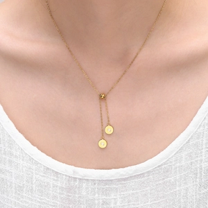 Elegant gold stainless steel double circle pendant necklace with small white crystals