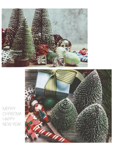 Flat lay of mini frosted Christmas trees with colorful gift boxes and festive ornaments