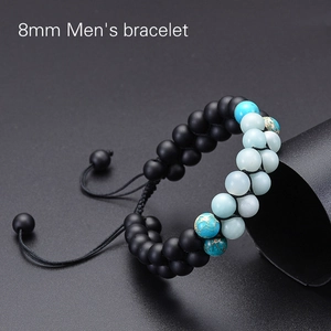 Detail of double-layer beaded bracelet with 8mm matte black beads and amazonite stones