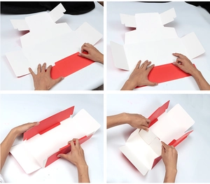 Step-by-step assembly process of red and white Christmas cardboard gift boxes