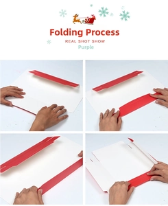 Four-step manual assembly guide for red and white paper gift boxes with matte finish