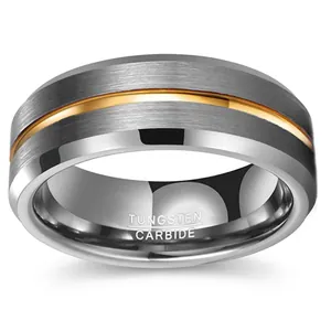 Men's tungsten carbide ring with brushed dark grey surface and gold grooved center