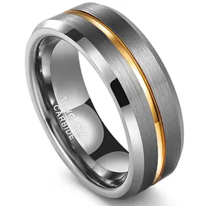 Men's tungsten carbide ring with brushed silver surface and gold groove detail