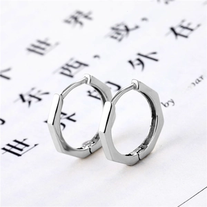 Polished silver hexagonal geometric hoop earrings for men and women on a white background