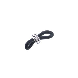 Detail showing black elastic rubber loop with silver vintage engraved metal bead for glasses