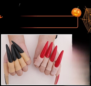 Detailed view of Halloween long nail finger covers in black and red for cosplay costumes