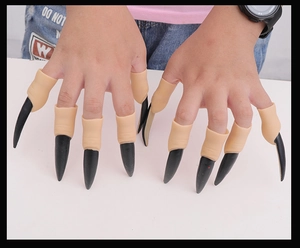 Detailed view of ten realistic Halloween finger claws with long black nails on hands
