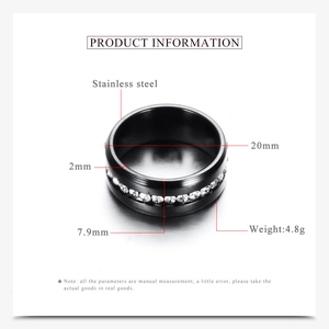 Detailed size parameters for the 8mm black stainless steel ring with white crystals