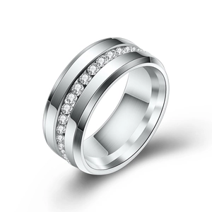 8mm brushed stainless steel ring with a single row of inlaid crystals and polished edges