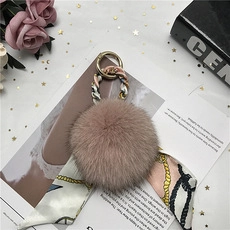 Detail of pink fur pompom keychain with floral silk ribbon on star pattern background