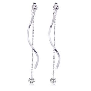Elegant silver S-shaped wave tassel drop earrings with sparkling rhinestones set on white