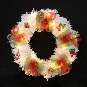 White Mesh Christmas Wreath With LED Lights PVC Red Green Bows Hanging Ornaments For Front Door Holiday Party Decoration