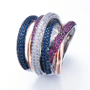 Detailed view of multi-layer ring with blue and purple micro-set AAA zircon stones