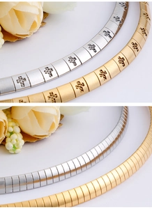 Detail of 6mm metallic choker showing cross texture and smooth segmental gold silver designs