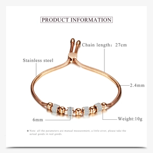 Detail of rose gold 6mm rhinestone ball bead slider bracelet showing 27cm adjustable length