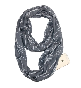 Close-up of infinity scarf with white arrow pattern and functional hidden zipper pocket