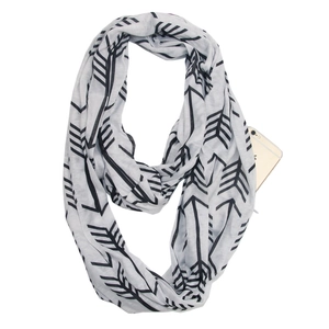 Light grey infinity scarf with black arrow pattern featuring a hidden zipper pocket for phone