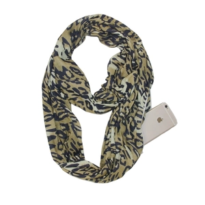 Close-up of leopard print infinity scarf with hidden zipper pocket holding a phone