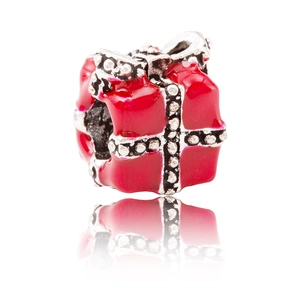 Charm boîte cadeau de Noël en émail rouge avec ruban argenté et zircon brillant