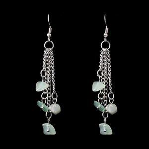 Detail of silver chain earrings featuring light green natural crystal stone tassels