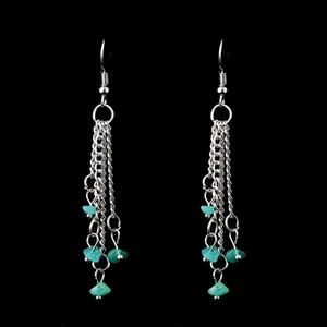 Detailed view of silver multi-layer chain earrings with natural turquoise stone chips
