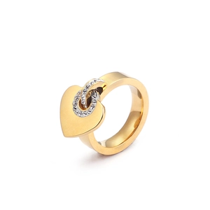 Fashionable 18k gold plated stainless steel heart ring with circular diamond accents