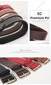 Detail view of the elegant square gold buckle and high-quality PU leather belts in four colors