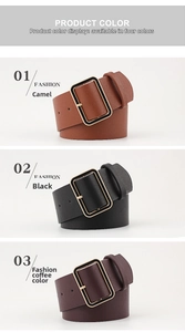 Close-up of leather belts in camel, black, and dark brown with golden square buckles