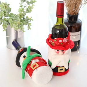 Christmas wine bottle covers featuring cartoon Santa and Snowman holiday decorations