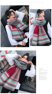 Three-panel detail view of oversized geometric shawl worn in various stylish drapes