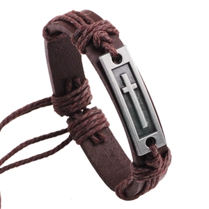 Vintage brown leather cross bracelet with adjustable cords and alloy metal plating