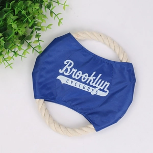 Blue cotton rope frisbee dog toy with Brooklyn Cyclones text for pet training and chewing