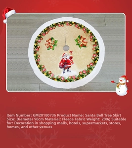 98cm brushed fabric Christmas tree skirt with Santa and bell prints on wood floor