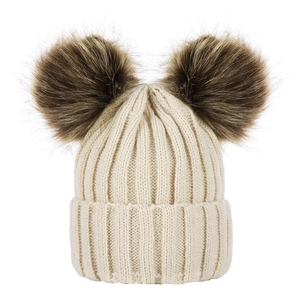Winter infant knit hat in cream with double brown faux fur pom-poms for ear protection