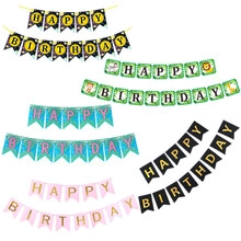 Detailed collage of colorful Happy Birthday banners in various styles and theme patterns