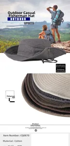 Detailed size specifications for wide brim cotton bucket hats with 8.5cm brim and 56-58cm fit