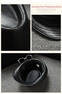Detail of a black PU leather fedora hat featuring premium stitching and size label