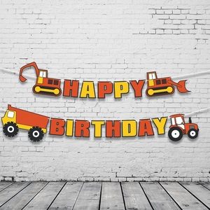 Detailed view of heavy equipment theme Happy Birthday banner with construction vehicle patterns