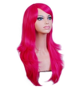 Detail of long wavy bright pink cosplay wig with bangs on a female mannequin head