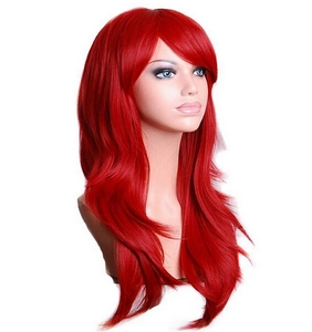 Close-up of 70cm long wavy synthetic red wig with natural curls on a mannequin head