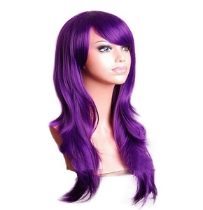 Detail view of 70cm purple long wavy wig with bangs on a model for cosplay style