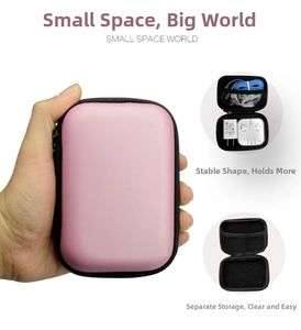 Pink EVA hard shell case showing mesh compartment storing earphones and cables
