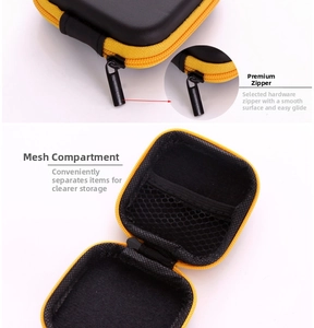 Detail of square EVA hard shell case with yellow zipper and internal mesh pocket