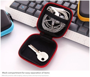 Detail view of square EVA hard shell case with mesh pocket storing earphones and keys