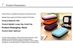 Detail showing two sizes of EVA headphone cases with dimensions and internal mesh pocket
