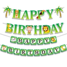 Detail of jungle animal themed Happy Birthday banner with green glitter and cute creatures