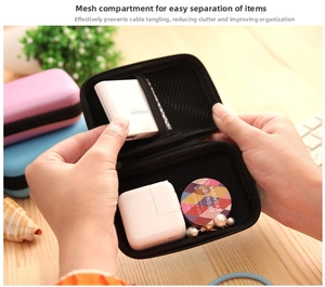 Detail of EVA hard shell organizer with mesh compartment for electronics and cables