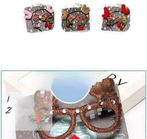 Detail view of festive reindeer antler headbands with bells and glittery elk glasses